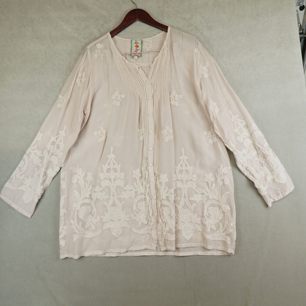 Johnny Was Blouse Lace Trim Tunic Embroidered Pink Boho Size Large Button Front